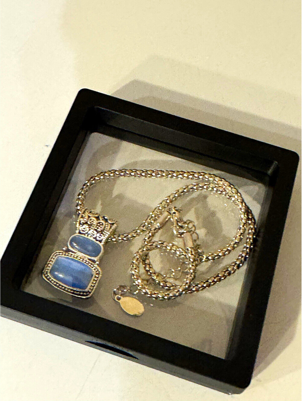 Cookie Lee Necklace Blue Faux Moonstone Cabochon Silver Tone Pendant Signed 14”